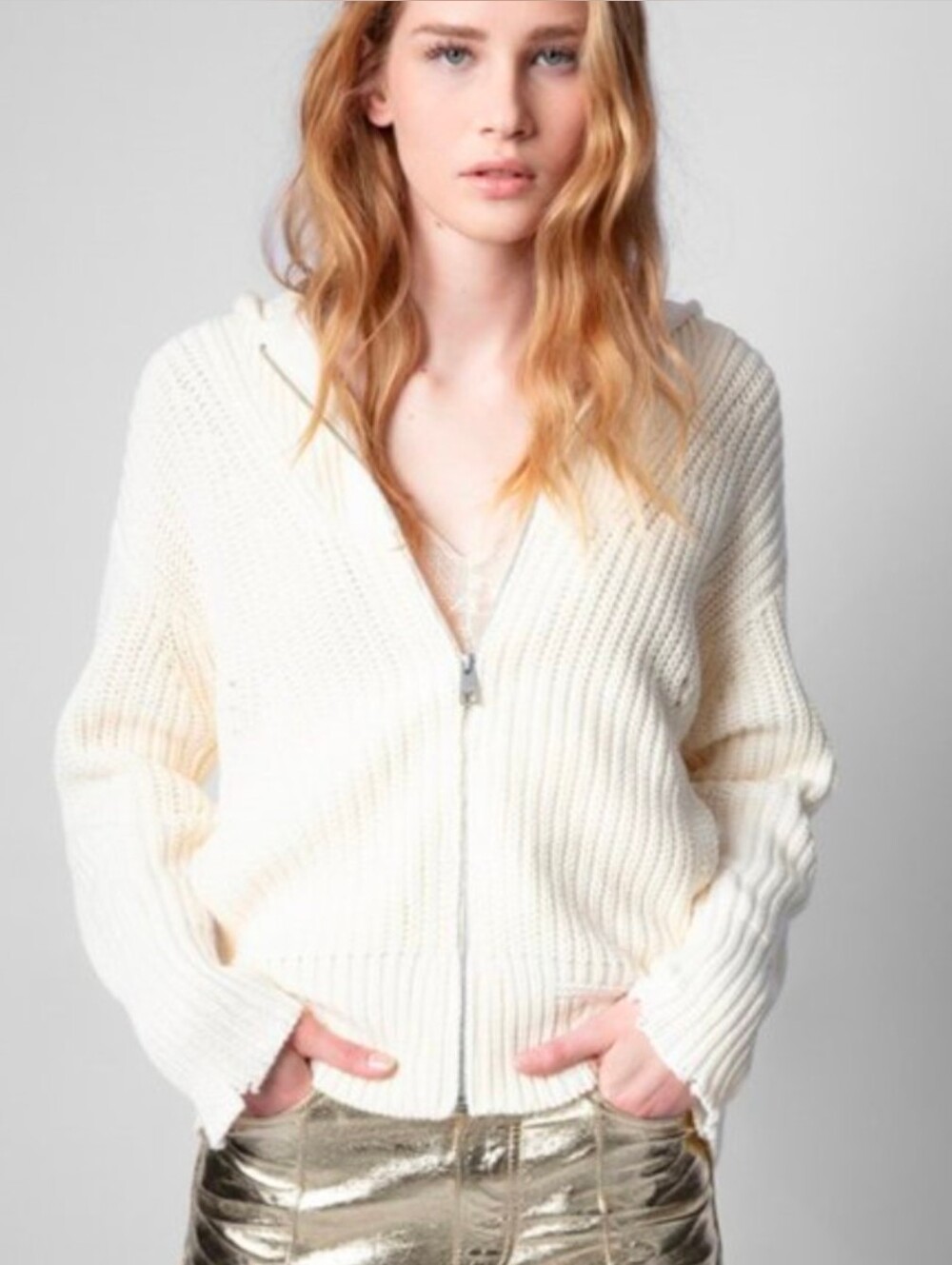 ZADIG & VOLTAIRE •  MOORE CREAM LOGO BACK ZIP UP HOODIE CARDIGAN SIZE MEDIUM - Picture 2 of 10